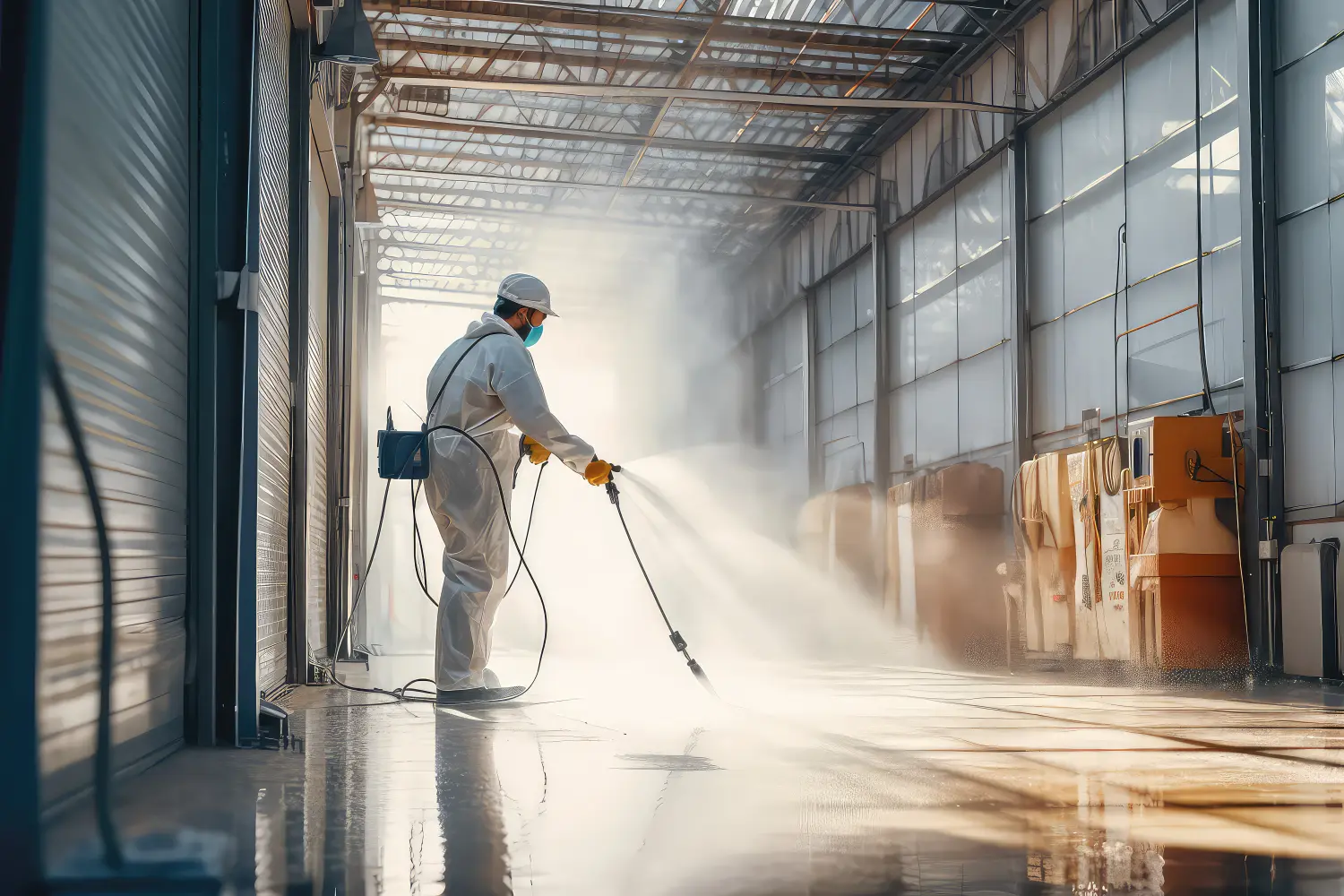 Industriebauarbeiter verwendet einen Sprühreiniger, um die Oberfläche zu reinigen. Kreatives Konzept eines professionellen Reinigungsdienstes für Industrieunternehmen.